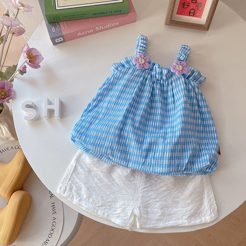 Girls' Outfit 2026 New Fashionable Floral Plaid Strap Dress Set Baby Summer Clothes Infant Korean Style