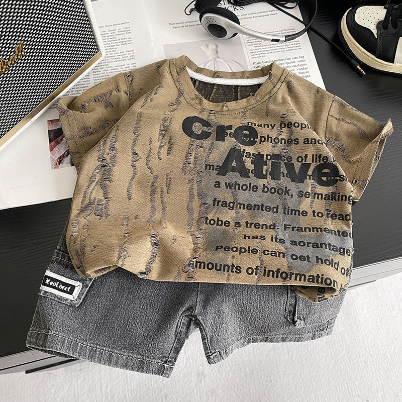 Boys' Summer Short-Sleeve Set 2026 New Stylish Baby English Clothes Trendy Casual Two-Piece Outfit for Little Boys