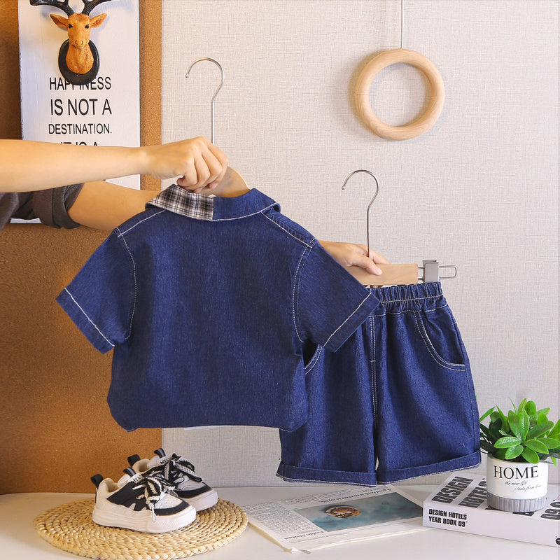 Patchwork Plaid Denim Short Sleeve New Children's Summer Outfit Boys' Clothes Baby Three-Piece Set