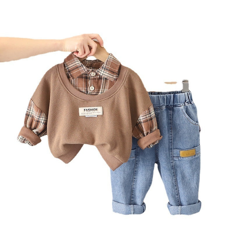 Suit 2025 Autumn Children's Plaid Fake Two-Piece Set Long Sleeve Spring New Boys' Baby One-Piece Dropshipping