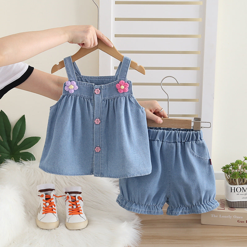 Baby Girl Denim Suspender 2026 New Children's Clothing Floral Two-Piece Set for Girls Summer Outfit