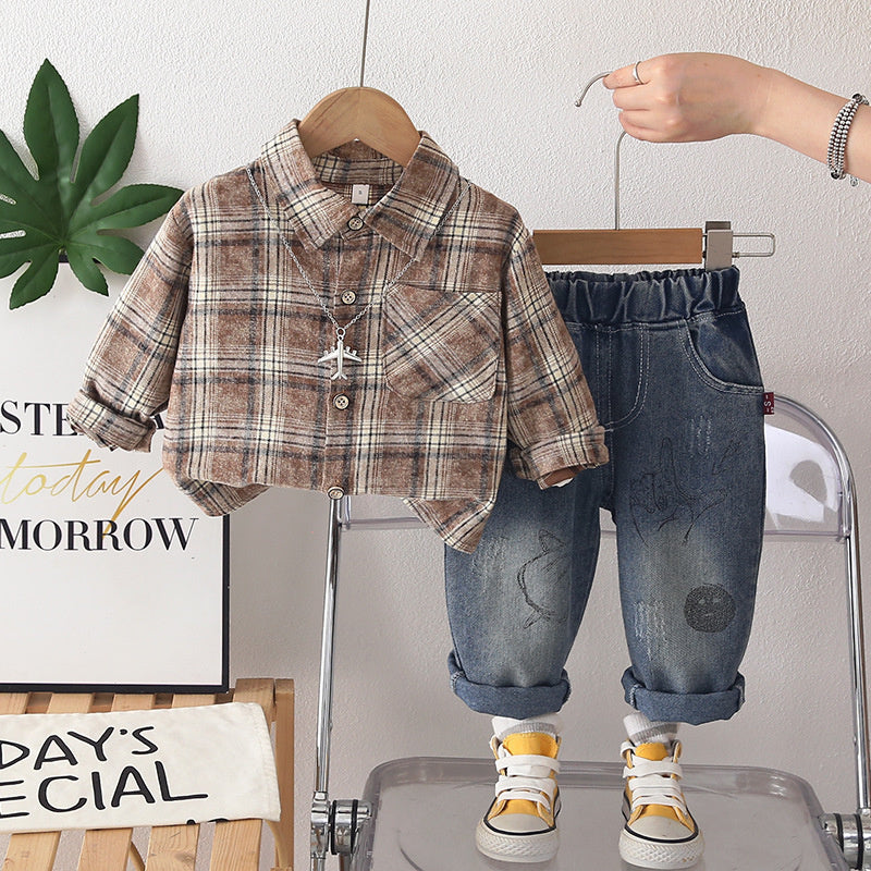 Boys' Outfit 2026 New Style Baby Plaid Shirt Two-Piece Set Stylish Children's Spring and Autumn Clothing Trendy