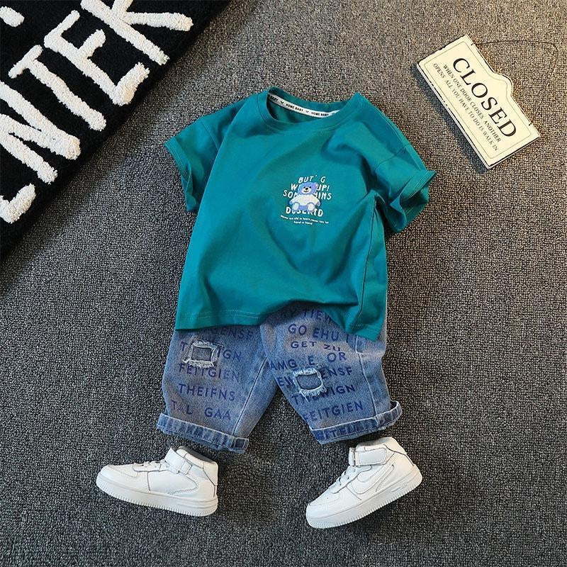Boys' Summer Outfit 2025 New Fashionable Children's Short Sleeve Set, Stylish Baby Denim Shorts Two-Piece Set