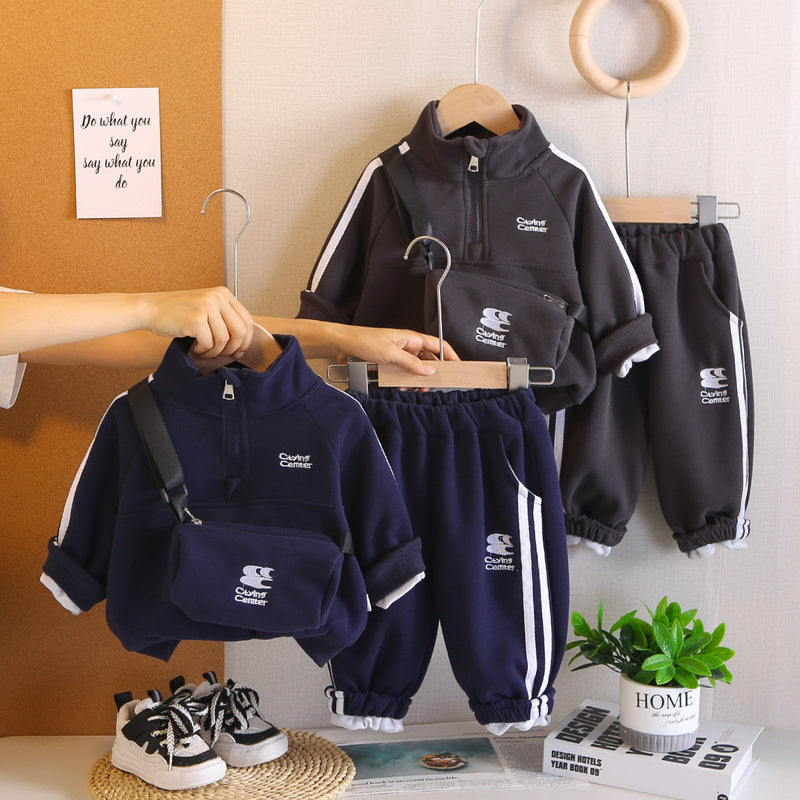 Boys' Autumn Outfit 2025 New Style Children's Long-Sleeve Clothes Stylish Baby Two-Piece Set with Half-Zip Jacket and Crossbody Bag
