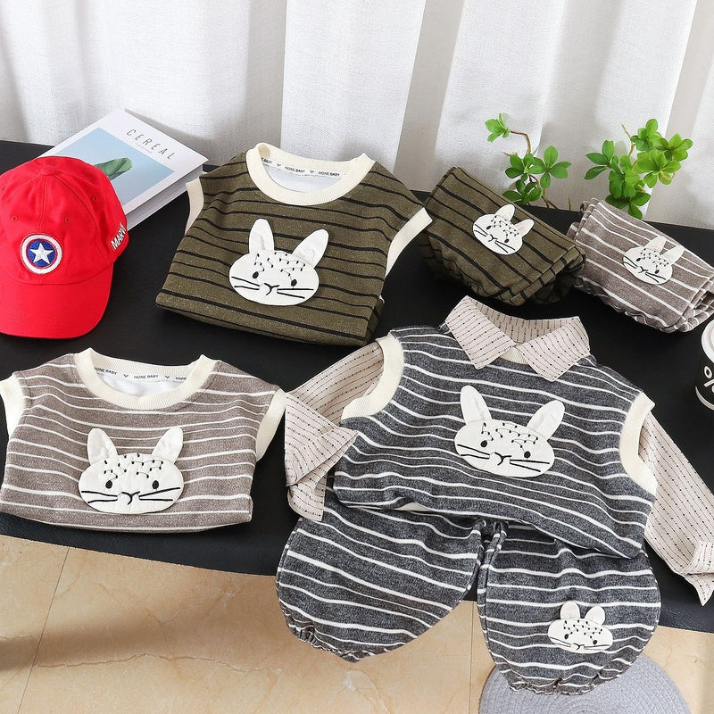 Children's Striped Rabbit Head Vest 2026 New Boys' Spring and Autumn Clothes Baby Three-Piece Set Wholesale