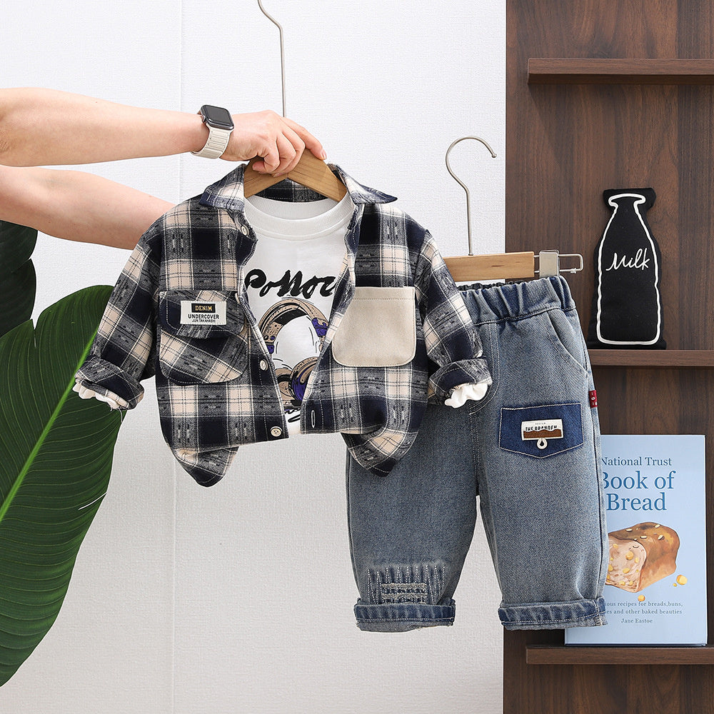 Boys' Spring Three-Piece Set with Earphone Plaid Shirt, 1-2-3-5 Years Old Toddler Outfit, Korean Style Fashionable Baby Clothes