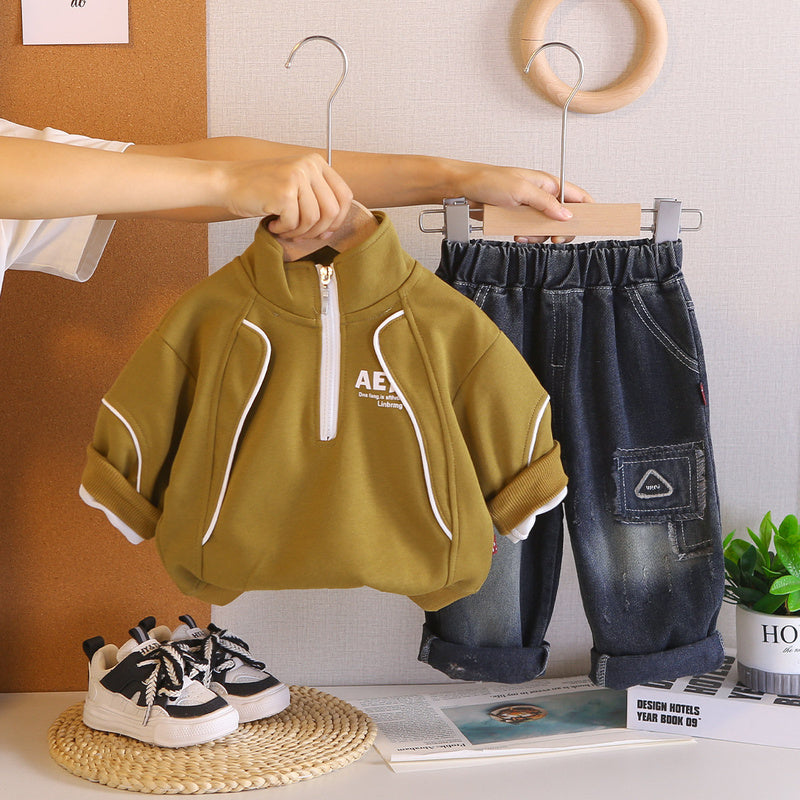 Boys' Outfit 2026 New Fashionable Two-Piece Set Baby Spring and Autumn Casual Half-Zip Sweatshirt Toddler Sportswear