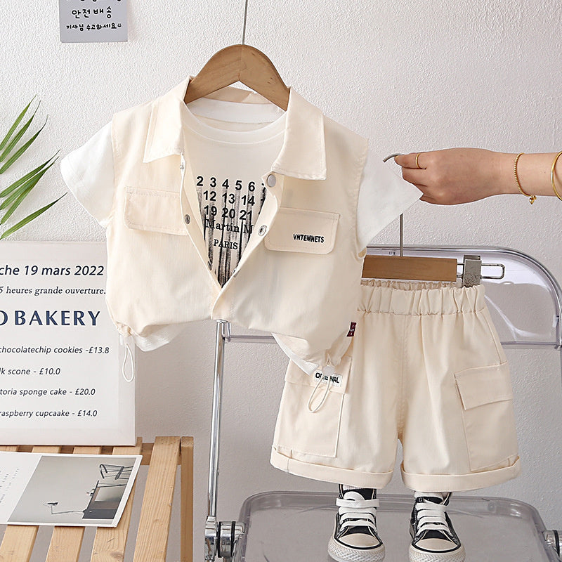 Children's Outfit for Boys 2026 New Cool and Stylish Baby Casual Letter Print Short Sleeve Three-Piece Summer Clothes