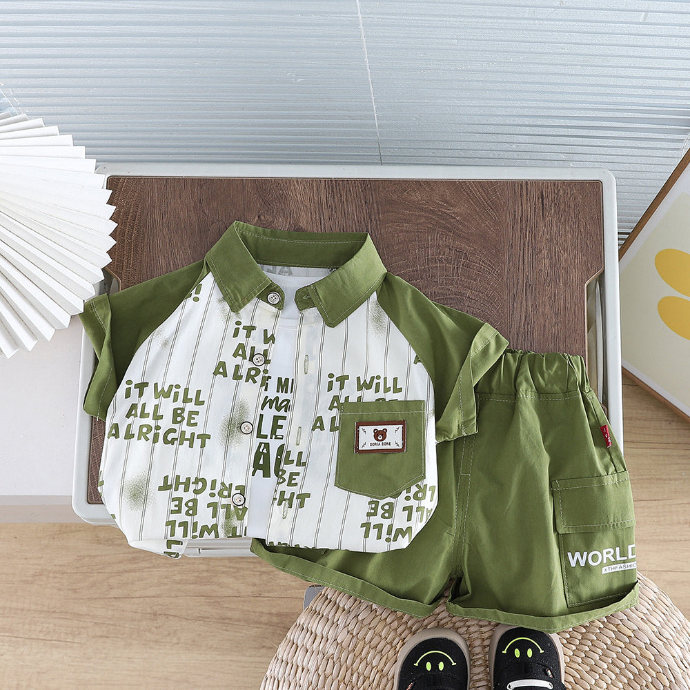 Baby boy letter print striped shirt three-piece 2026 new style infant summer short-sleeve set
