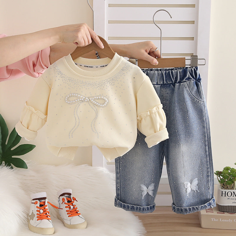 Girls' Sweatshirt Outfit 2026 New Baby Spring and Autumn Bow Two-Piece Set Infant Children's Clothing