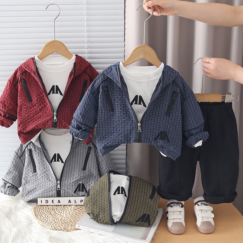 Boys' Spring and Outfit 2026 New Fashionable Children's Hooded Plaid Three-Piece Set Baby Autumn Casual Jacket