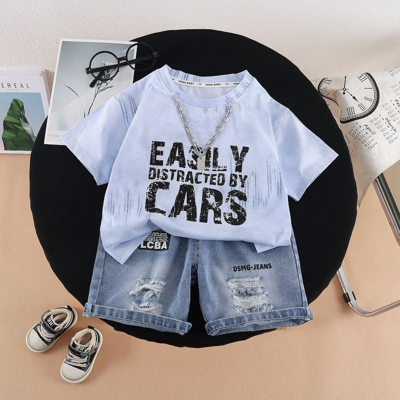 Children's Summer 2026 New Set: Tie-Dye Letter Print Short-Sleeve T-Shirt with Chain, Two-Piece Outfit for Boys