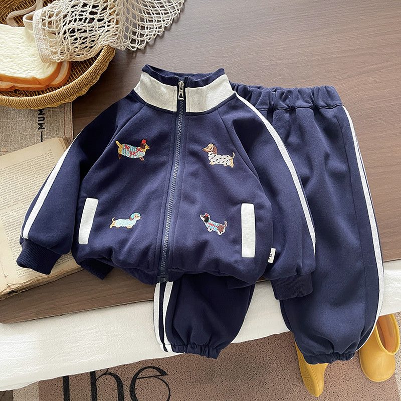Boys' Stylish Outfit 2025 Spring and Autumn New Fashionable Baby Korean Style Cartoon Dog Patch Sports Two-Piece Set