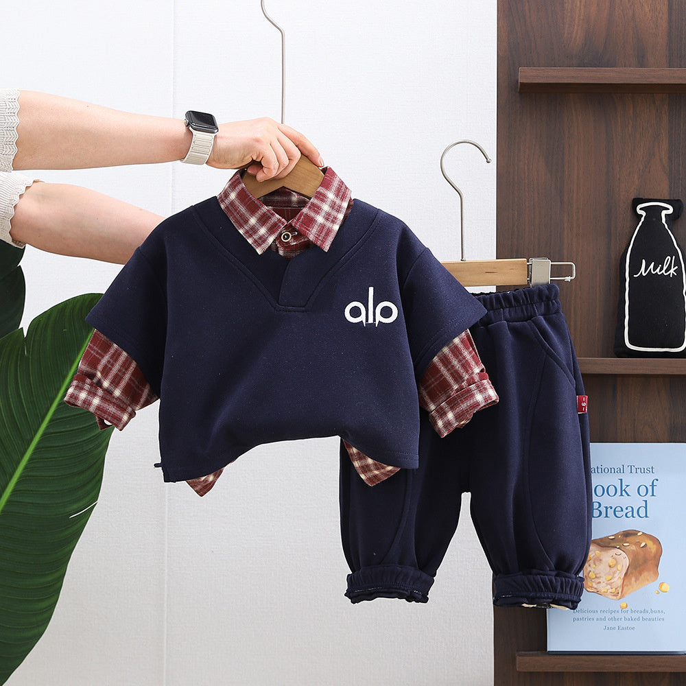 Boys' Autumn 2026 New Style Baby Boy Spring Outfit Stylish Plaid Shirt Long Sleeve Three-Piece Set for Infants and Children