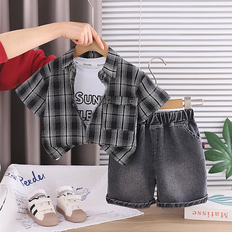 Children's clothing boys, suit 2026 new style, baby summer outfit, plaid short-sleeve shirt, stylish casual wear for boys
