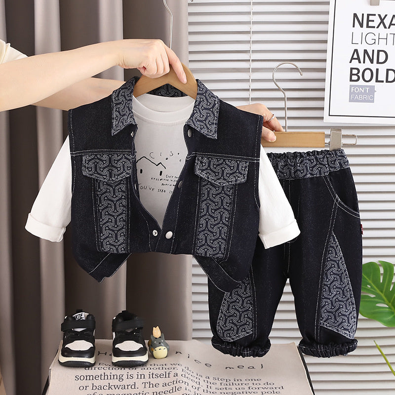 Boys' Autumn Outfit: Color-Contrast Denim Vest 2026 New Fashionable Casual Patchwork Korean Style Three-Piece Set for Children