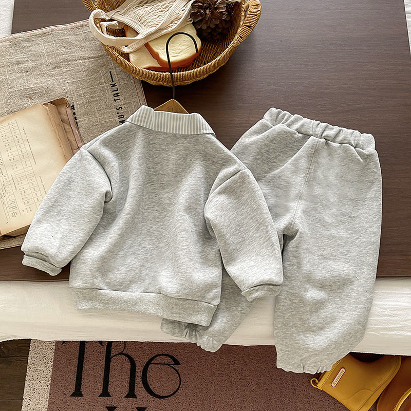 Baby boy's stylish outfit, front-button shirt set, fashionable spring autumn sports sweatshirt two-piece set for infants and children, 2026 new model