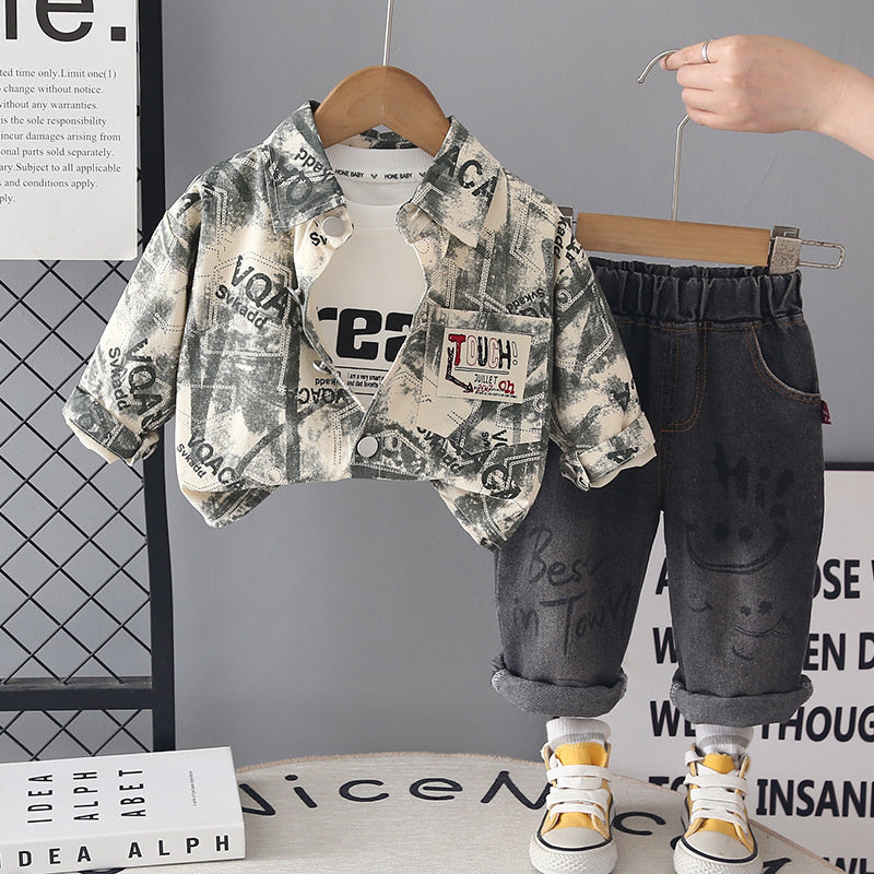 Boys' Spring and 2026 New Fashionable Children's Baby Toddler Infant Autumn Outfit Pocket Label Jacket Three-Piece Set