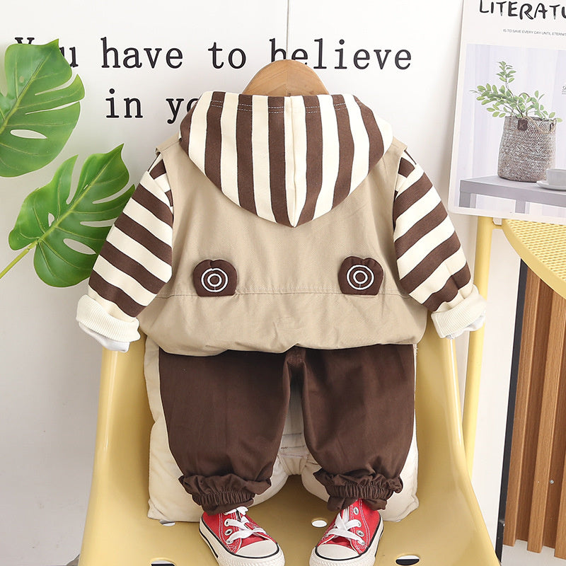 Boys' Set 2026 New Spring and Autumn Fashionable Baby Clothes Striped Vest Three-Piece Trendy Outfit