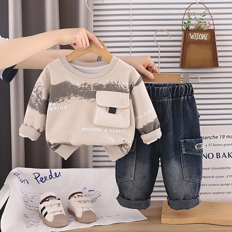 Boys' Spring and Autumn Outfit 2026 New Fashionable Tie-Dye Large Pocket Sweatshirt Korean Style Casual Two-Piece Set