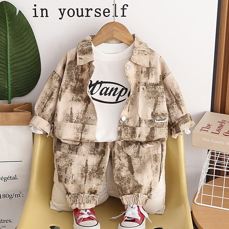 Stylish Boys' and Autumn Outfit 2026 Spring New Long-Sleeve Sports Tie-Dye Pocket Three-Piece Set for Babies