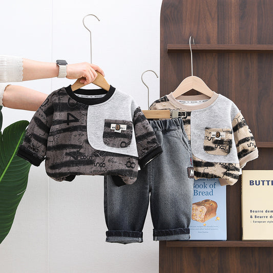 Children's Clothing Boys' Outfit 2026 New Stylish Baby Long Sleeve Striped Ripped Two-Piece Set for Kids Spring and Autumn