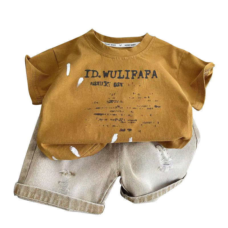 Boys' Outfit New Summer Short Sleeve 2025 Vintage Ripped Round Neck Two-Piece Loose Fit One-Piece Dropshipping
