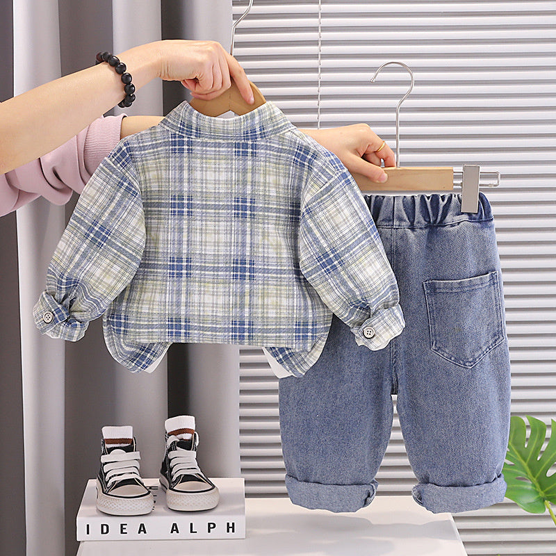 Boys' Outfit 2026 New Style Infant Children's Spring and Autumn Stylish Plaid Shirt Three-Piece Set for Baby Boys