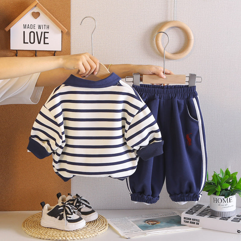 Boys' Outfit, Stylish New 2026 Striped Polo Shirt Two-Piece Set, Cool Long-Sleeve Spring and Autumn Fashion