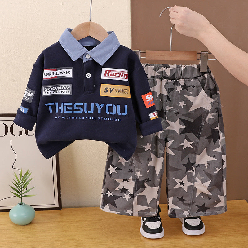 Boys' Spring and Autumn Outfit 2026 New Fashionable Children's Racing Style Turn-down Collar Sweatshirt Korean Version Casual Two-piece Set
