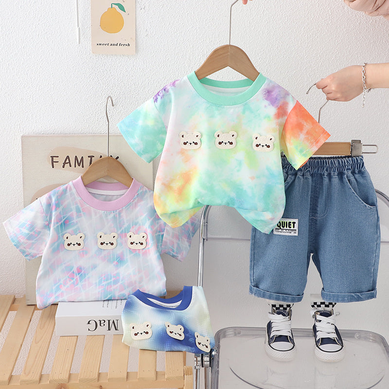 Baby Outfit: Infant Three Little Bears Short Sleeve Two-Piece Set, Boys' Summer Clothing, New 2025 Model for Infants and Toddlers, Dropshipping Available