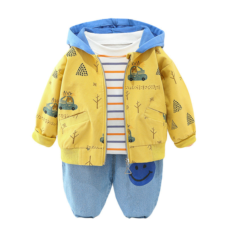 Boys' Autumn Outfit New Korean Version Zipper Hoodie Jacket Baby Stylish Three-Piece Set Wholesale Children's Clothing