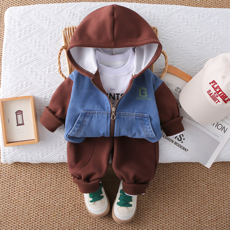 Boys' 2025 New Korean Style Toddler Baby Spring and Autumn Patchwork Denim Hooded Sports Three-Piece Set