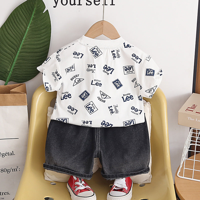 Children's clothing boys' summer outfit 2026 new stylish pocket letter short-sleeve baby clothes two-piece set trendy