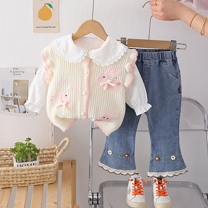 Girls' and Autumn Outfit 2026 New Fashionable Children's Three Rabbits Sweater Three-Piece Set Baby Spring Clothes Trendy