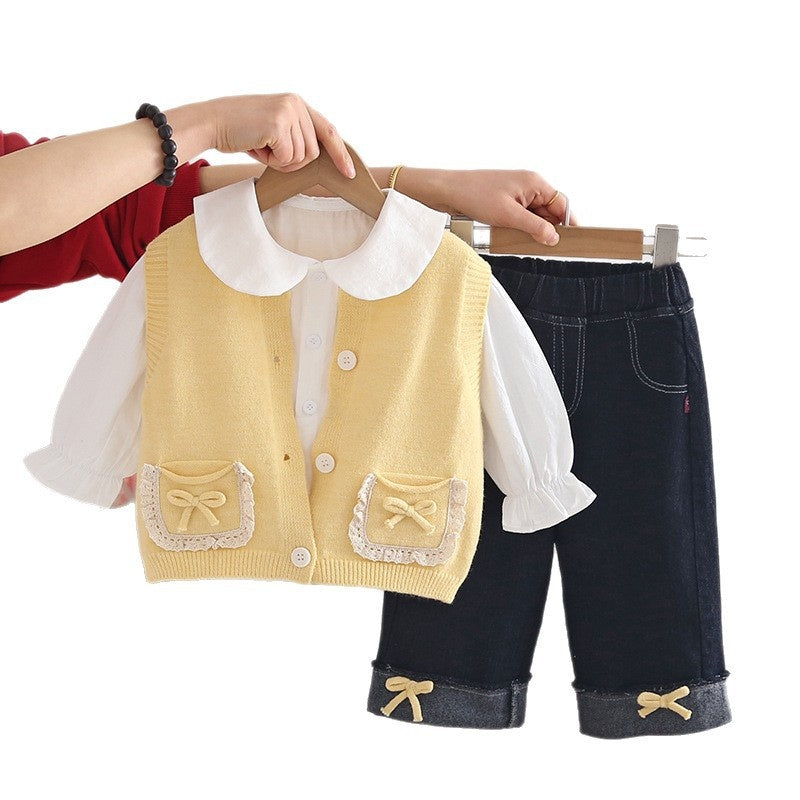 Girls' Outfit New Fashionable Trendy Baby Girl Pocket Cardigan Sweater Three-Piece Set Korean Style Spring and Autumn Fashion