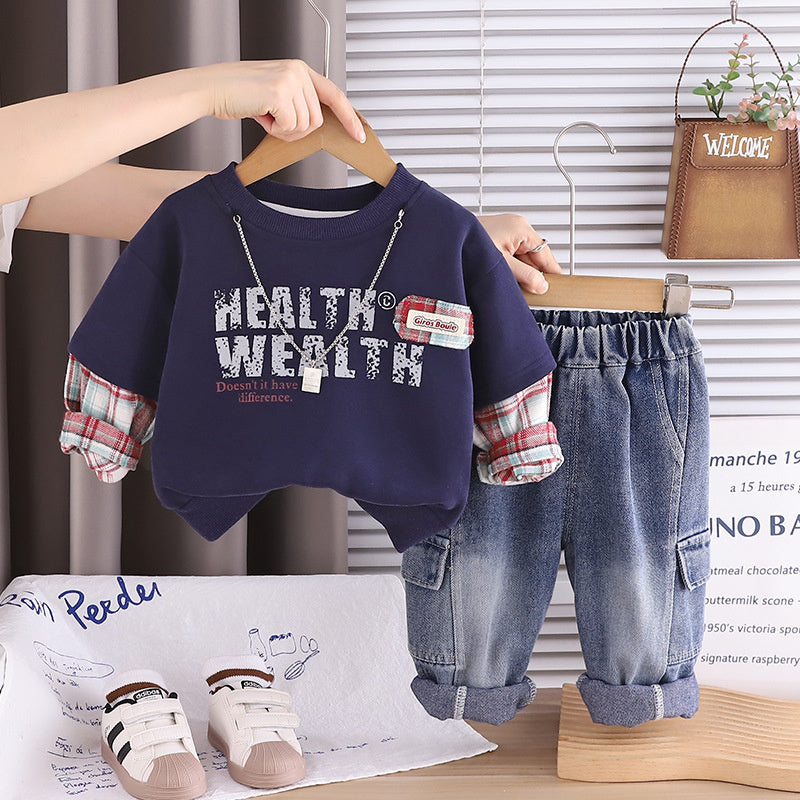 Boys' Spring Collection Striped Patch-Sleeve Letter Sweatshirt 2026 New Model Long-Sleeve Children's Fake Two-Piece Set Trendy