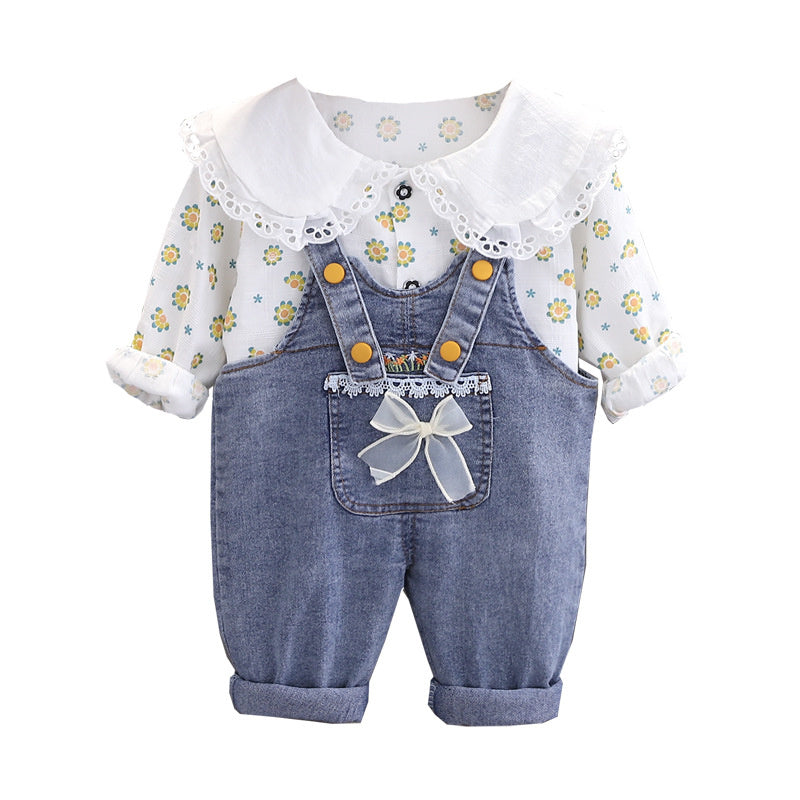 Wuxiaoqi Children's Clothing 2025 Spring and Autumn New Style 0-5 Years Old Girls' Small Floral Doll Collar Denim Strap Two-Piece Set
