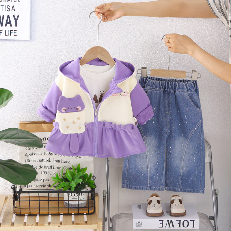 Girls' Spring and Autumn Fashionable Outfit, Children's Clothing 2026 New Cute Long-Tailed Bear Three-Piece Set, Trendy Baby Girl Wholesale