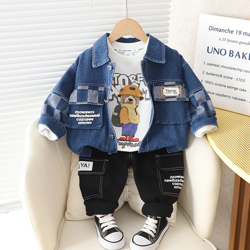 Boys' Spring and Autumn 2023 New Korean Style Casual Denim Three-Piece Set for 1-3 Year Olds