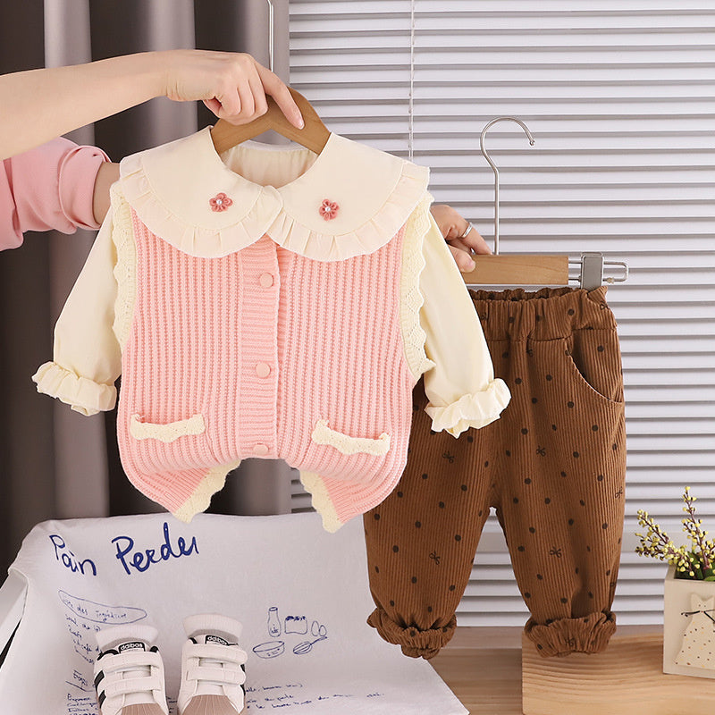 Girls' Spring Outfit for 1-2-3 Year Old Baby Girls, Stylish Fashionable Clothes, Children's Wear, Rabbit Ear Sweater Three-Piece Set