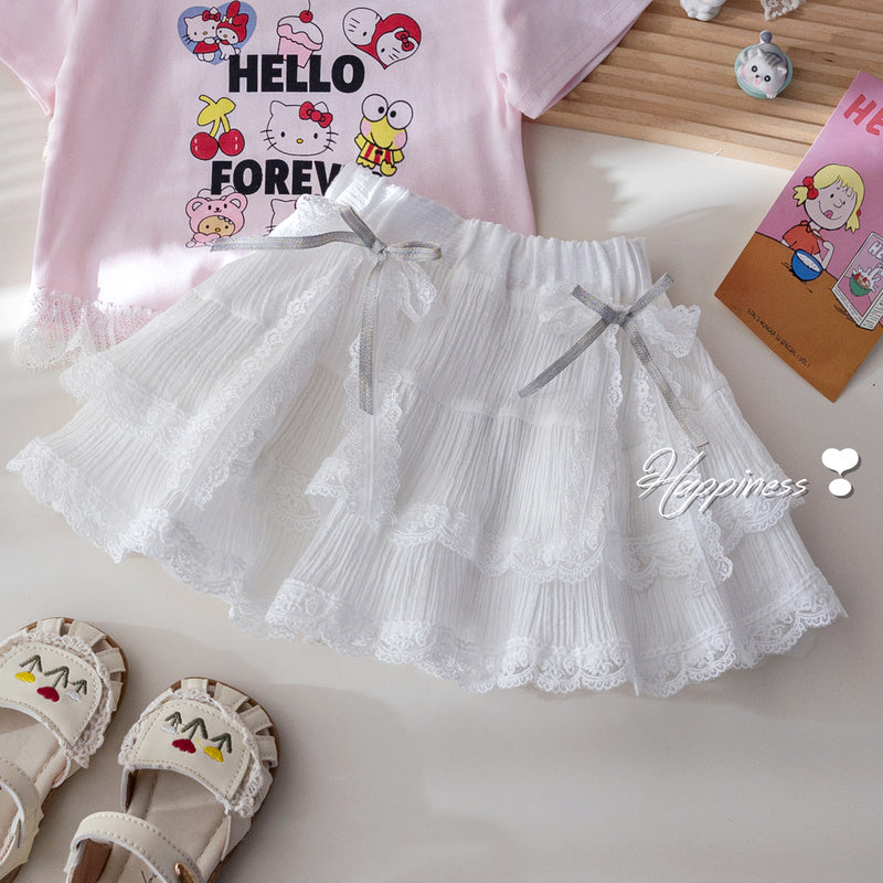 Children's Summer Outfit Girls' Short Sleeve T-Shirt Round Neck Top Lace Cake Skirt Stylish Kids' Two-Piece Set