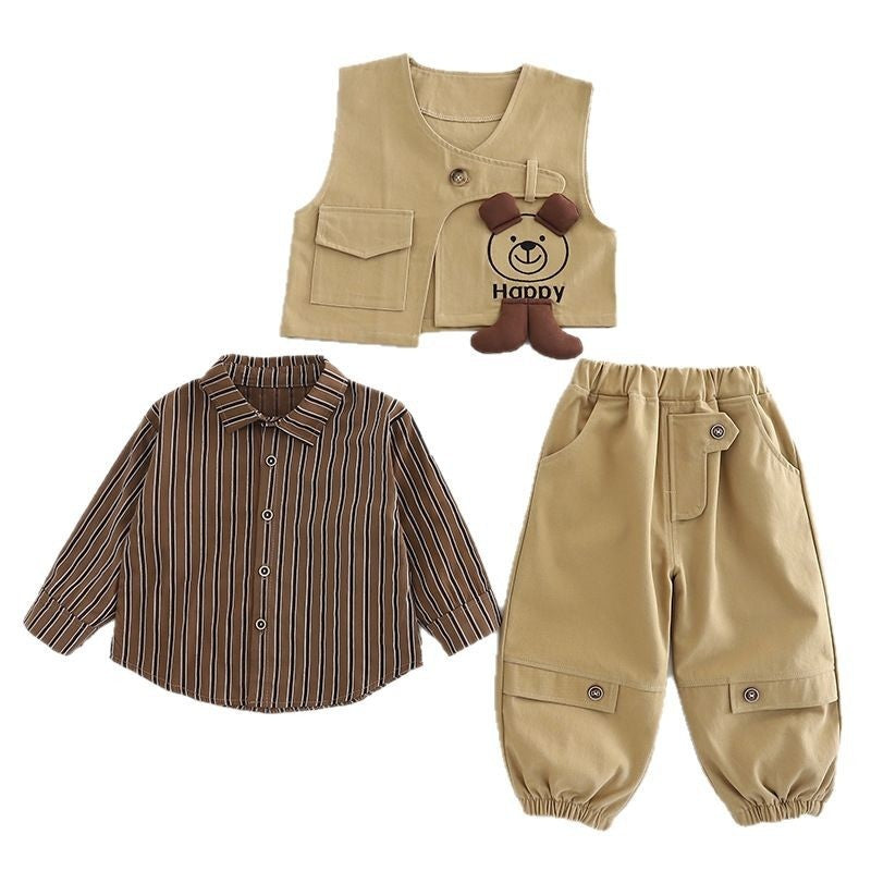 and Autumn Long Sleeve 2025 Spring New Workwear Bear Vest Three-Piece Set 1-5 Years Old Children's Clothing