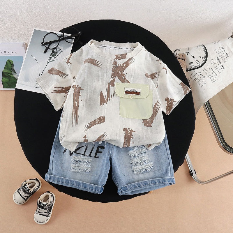 Boys' Summer Outfit 2026 New Style Diagonal Pocket Short Sleeve Shorts Two-Piece Set Stylish Baby Clothes Children's Wear