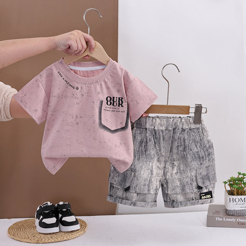 Boys' Pocket Short Sleeve Set 2026 New Style Toddler Casual Wear Baby Children's Summer Thin Infant Trendy Clothes