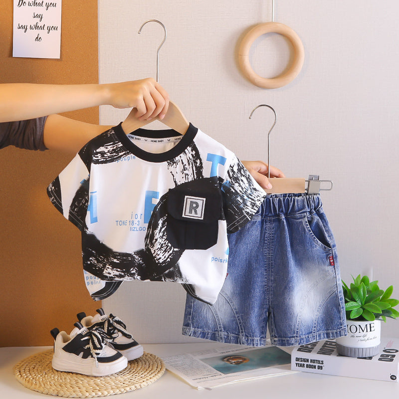 Boys' outfit 2026 new stylish baby letter pocket short-sleeve handsome infant summer two-piece set