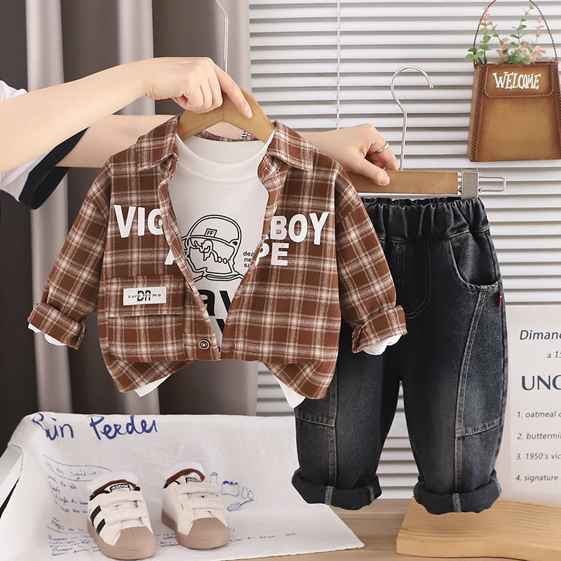 Boys' Autumn Outfit 2026 New Fashionable Stylish Children's Plaid Shirt and Jeans Three-Piece Set