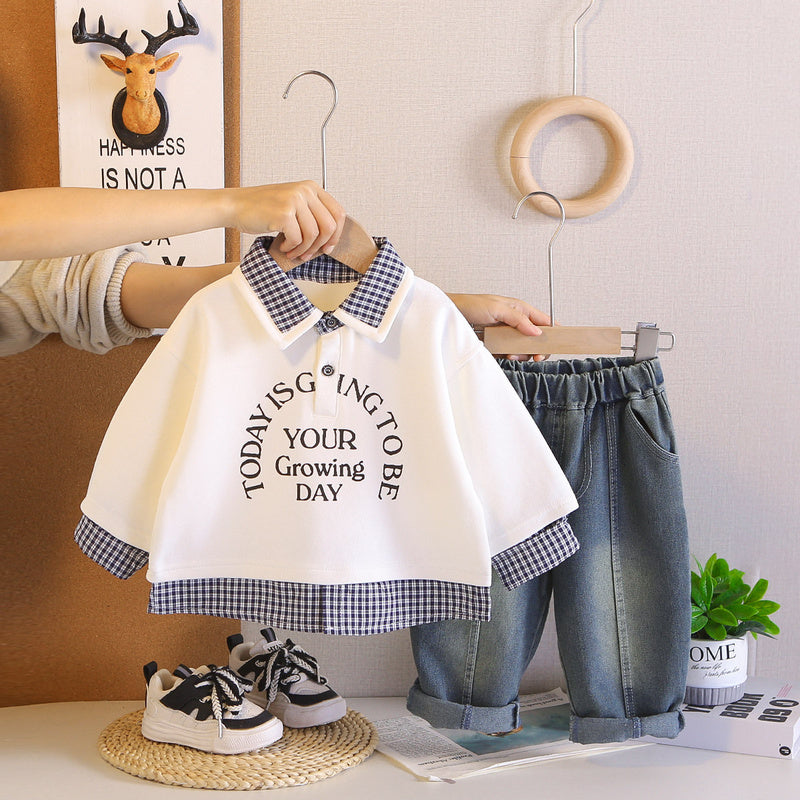 Baby Boy Spring Outfit, Boys' Plaid English Collar Two-Piece Set, Infant and Toddler Clothing, 2026 New Model