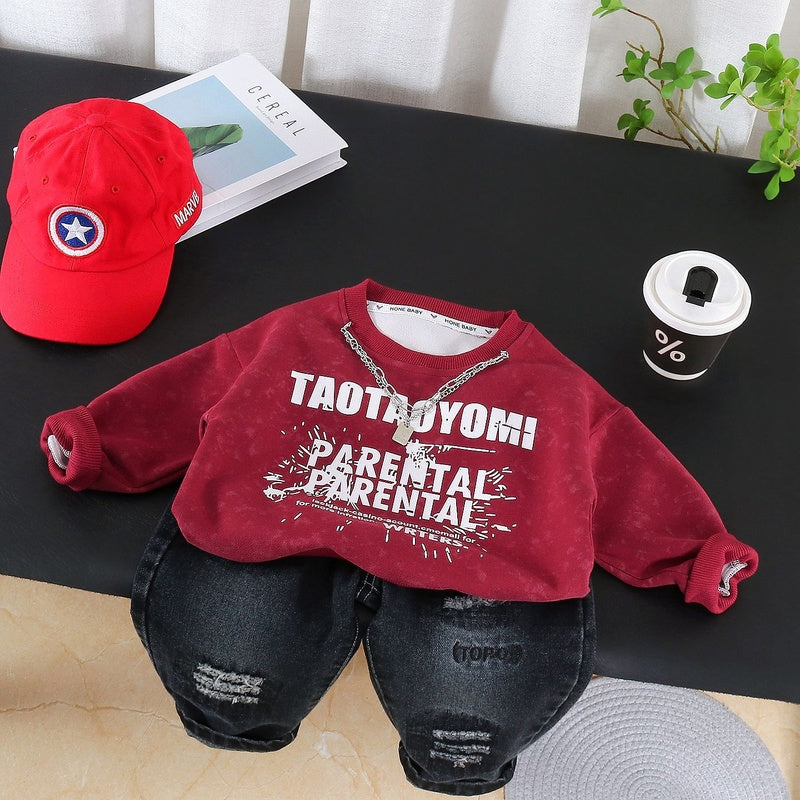Boys' Suit 2026 New Stylish English Sweatshirt for Children, Outfit, Baby Clothes, Spring and Autumn Two-Piece Set