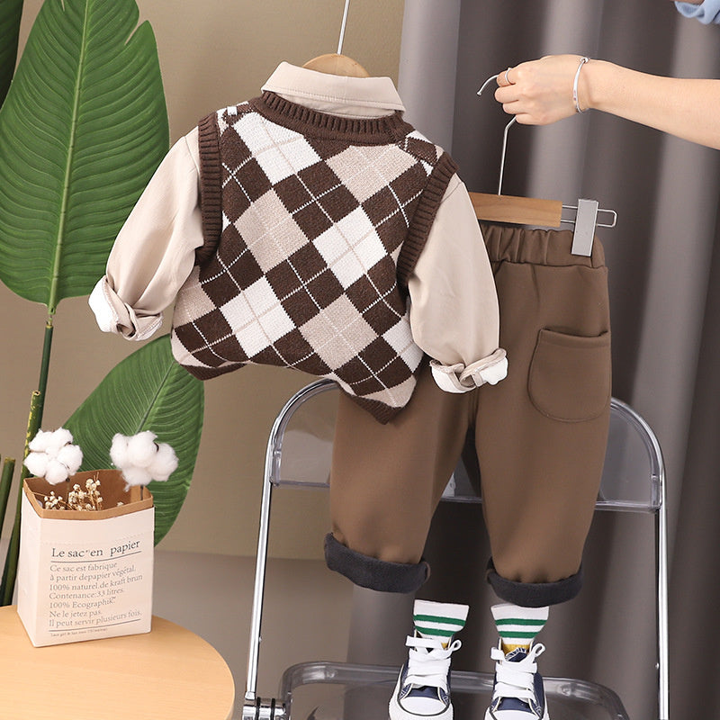 Baby Outfit Fashionable Stylish Fleece-Lined Children's Clothing Boys Winter Tie Pendant Bear Thickened Three-Piece Set Trendy